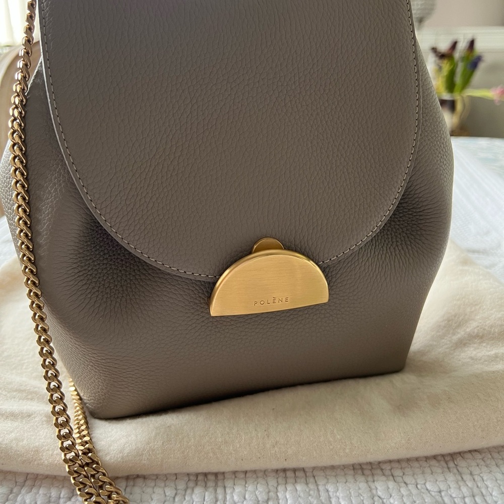 Polene Taupe Leather Shoulder Bag with Gold Accent
